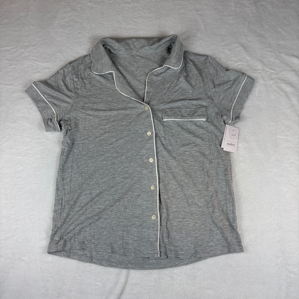 Auden Pajama Top Women Small Gray Casual Short Sleeve Single Pocket Button Front